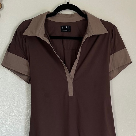 BCBG Paris Short Sleeve A-Line Tie Waist Dress, Collared V-neck, Brown, Sz 14 - Picture 6 of 7